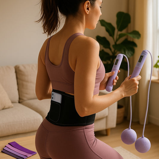 Femme portant la ceinture de sudation Amaya Fit et utilisant une corde a sauter sans fil violette avec bandes de résistance posées au sol